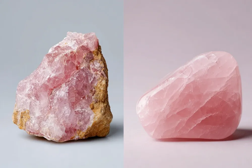 Raw rose quartz stone compared to polished tumbled rose quartz stone